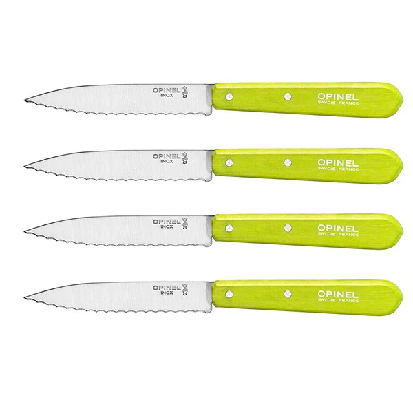 Set 4 couteaux office lames crantées inox 10 cm coloris pomme Opinel