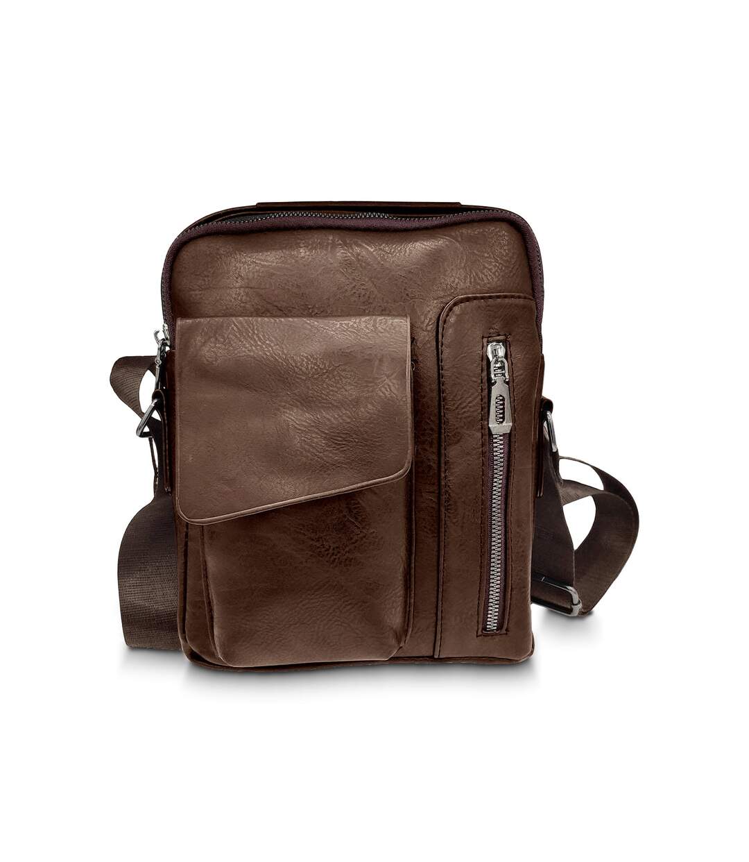 Sacoche bandoulière pour homme avec rabat multi poches  - PVC vieilli - couleur marron