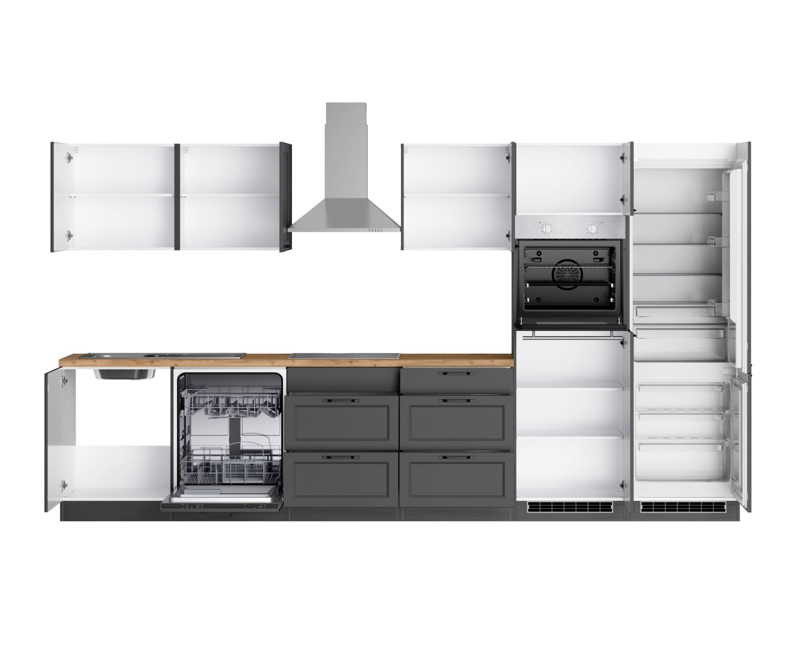 Küchenzeile MERAN - grau - Wotaneiche - mit E-Geräten - Induktionskochfeld - 360 cm