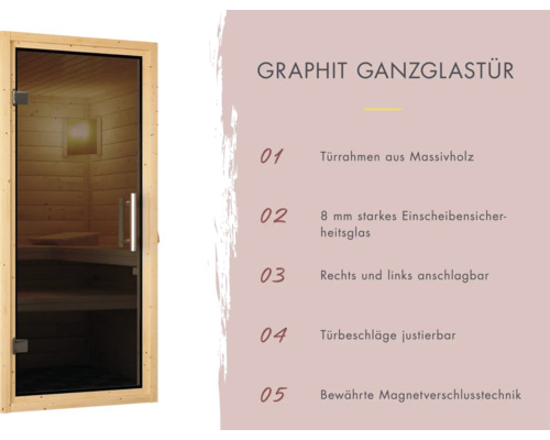 Karibu Callinan modulaire sauna inclusief 9 kW oven en geïntegreerd besturingssysteem met dakrand en grafietkleurige volledig glazen deur