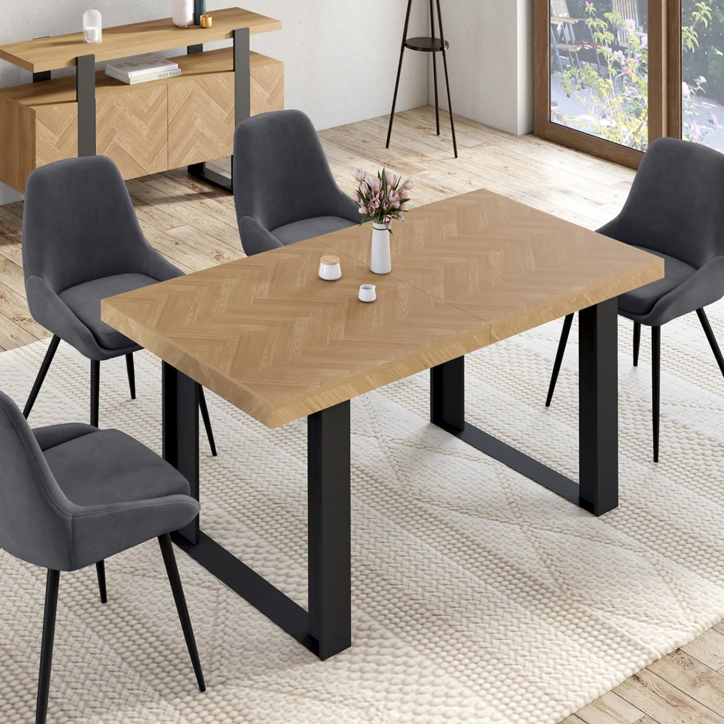 Table à manger extensible rectangle CASSIUS 4-8 personnes effet chevrons et pieds noirs 160-200 cm
