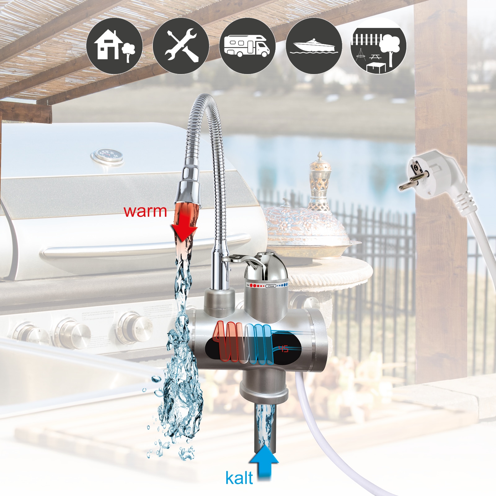 Mauk Wasserhahn mit Durchlauferhitzer, felxiblem Hals und Temperaturanzeige 3KW silber