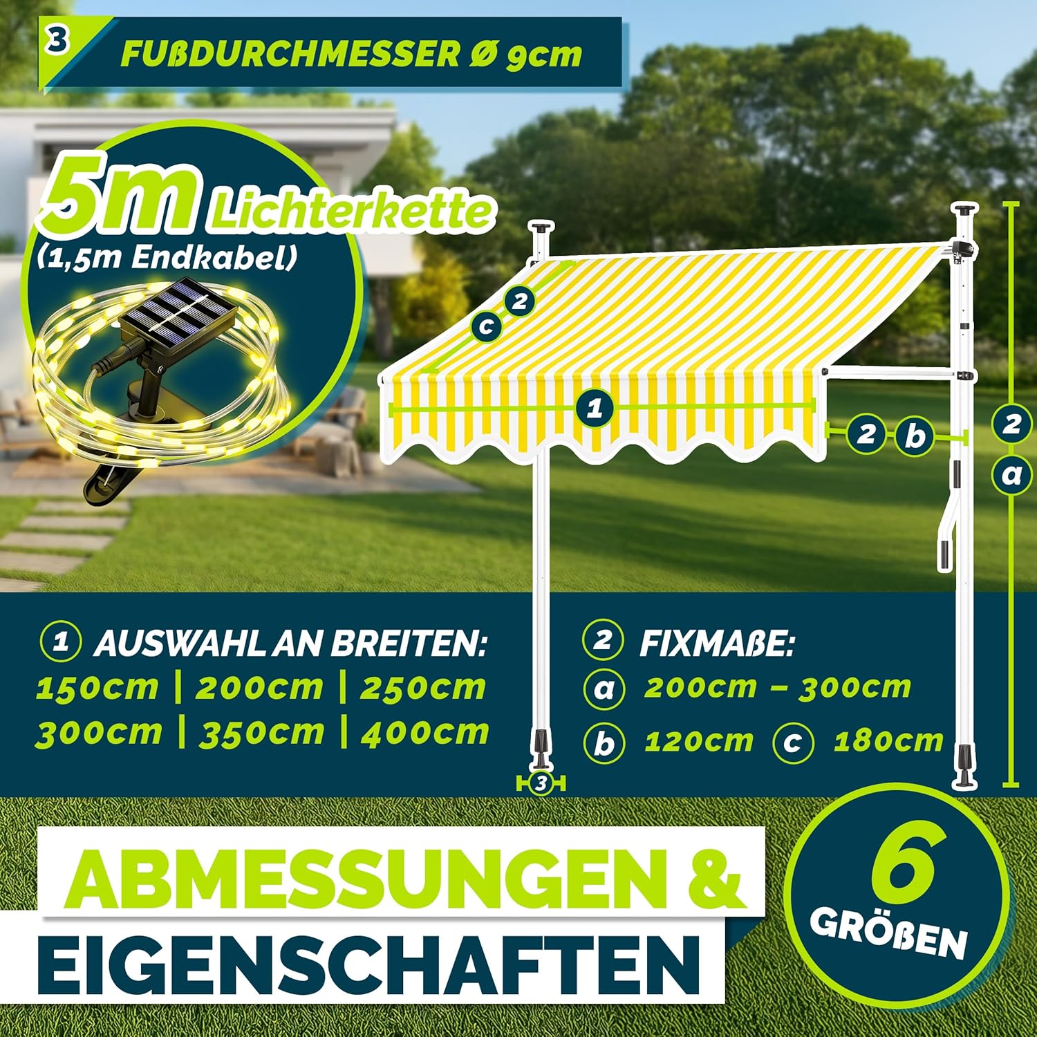 tillvex Klemmmarkise mit Handkurbel & LED Lichterkette Balkon | Balkonmarkise ohne Bohren | Markise UV-beständig & höhenverstellbar | Sonnenschutz Terrasse & Garten wasserdicht (Gelb-Weiß, 250cm)