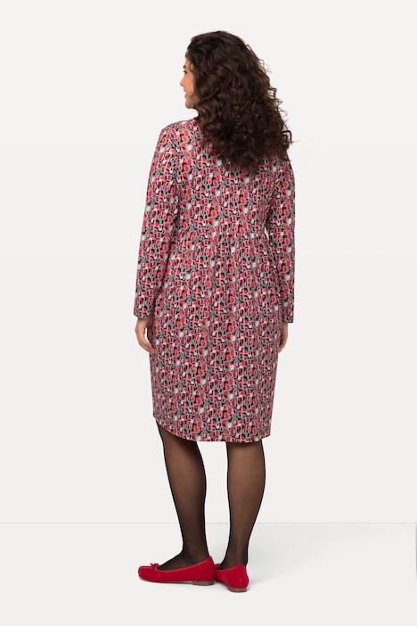 Kleid, kurz, Jersey mit Allover Print, V-Ausschnitt, Langarm