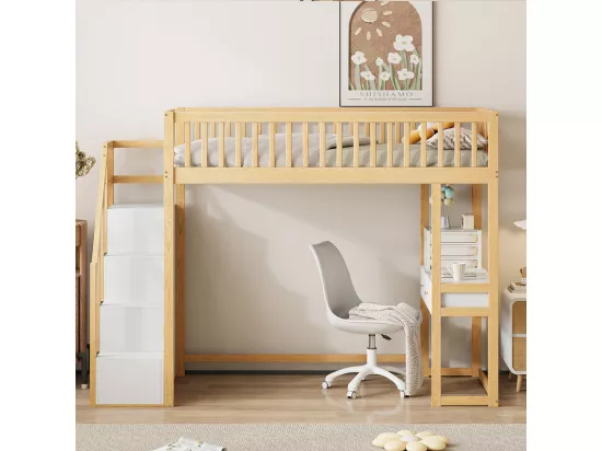 Lit mezzanine 90x200cm en bois - avec table et escalier de rangement - Naturel & Blanc