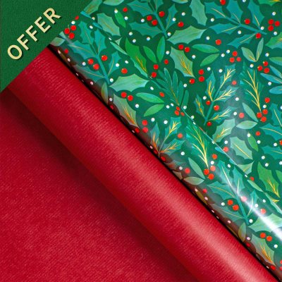 Green Holly Berries Rollwrap Pack X2 3M Rollwraps & 6 Gift Tags