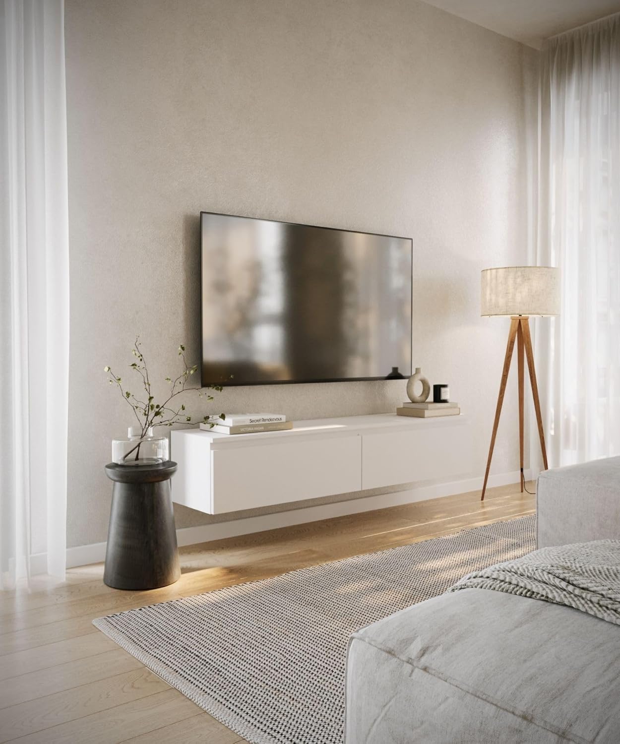Selsey Hängeboard Bemmi 28,4x150x31,8 cm, Minimalistisches TV Lowboard, Weiß, Hochwertige Spanplatte mit ABS-Kanten, Zwei Klappenfächer,Melaminbeschichtet, Ideal fürs Wohnzimmer