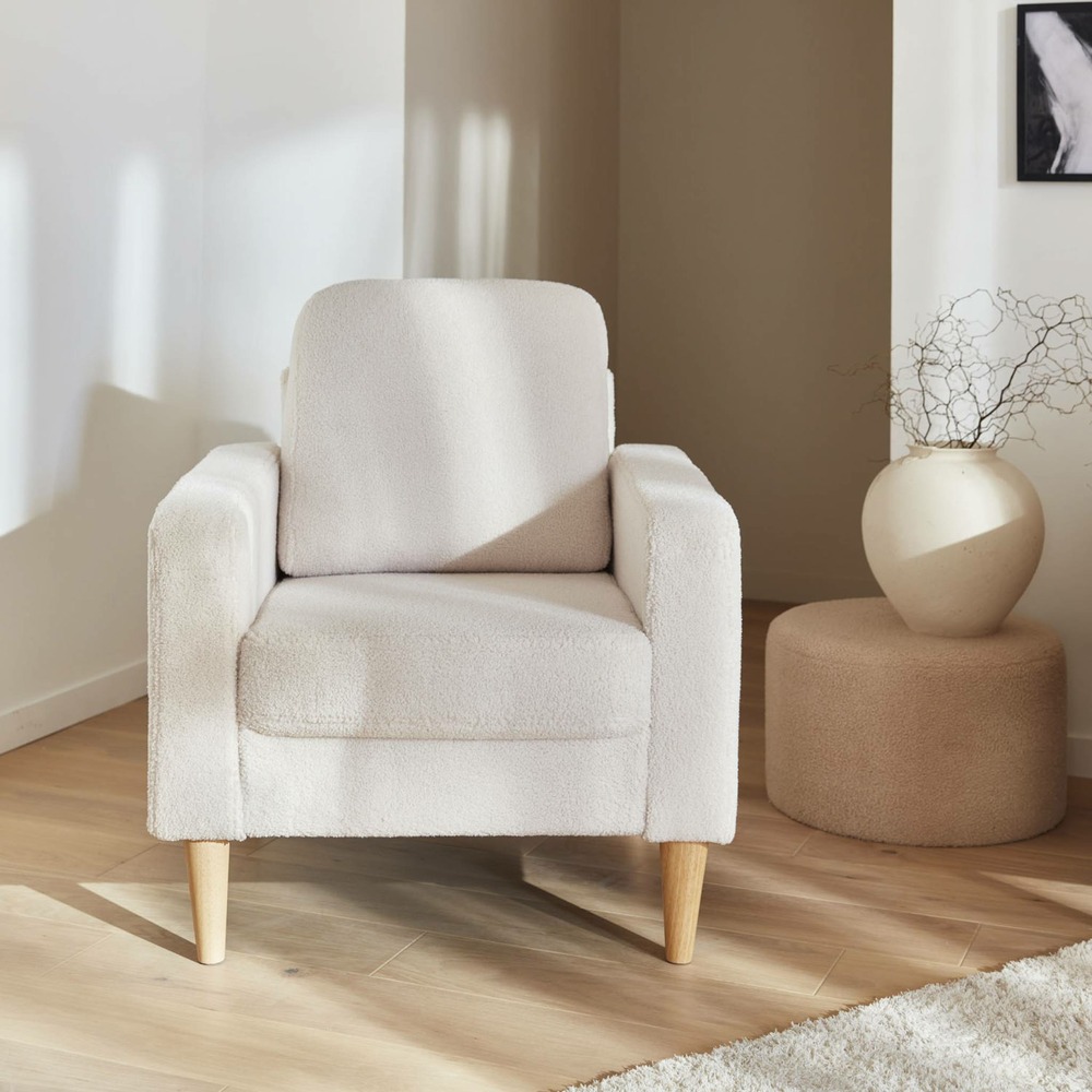 Fauteuil à bouclettes blanches. Scandinave - bjorn - canapé 1 place fixe droit pieds bois