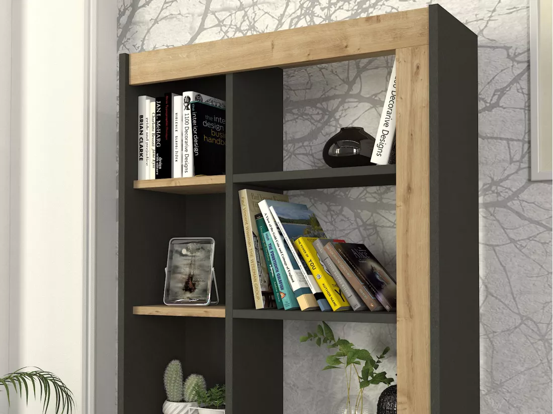 Bibliothèque avec 10 niches - Naturel clair et anthracite - SILOMAI