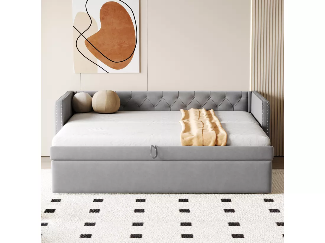 Lit gigogne rembourré en velours - 90/180x200 cm - avec sommier à lattes - Gris clair