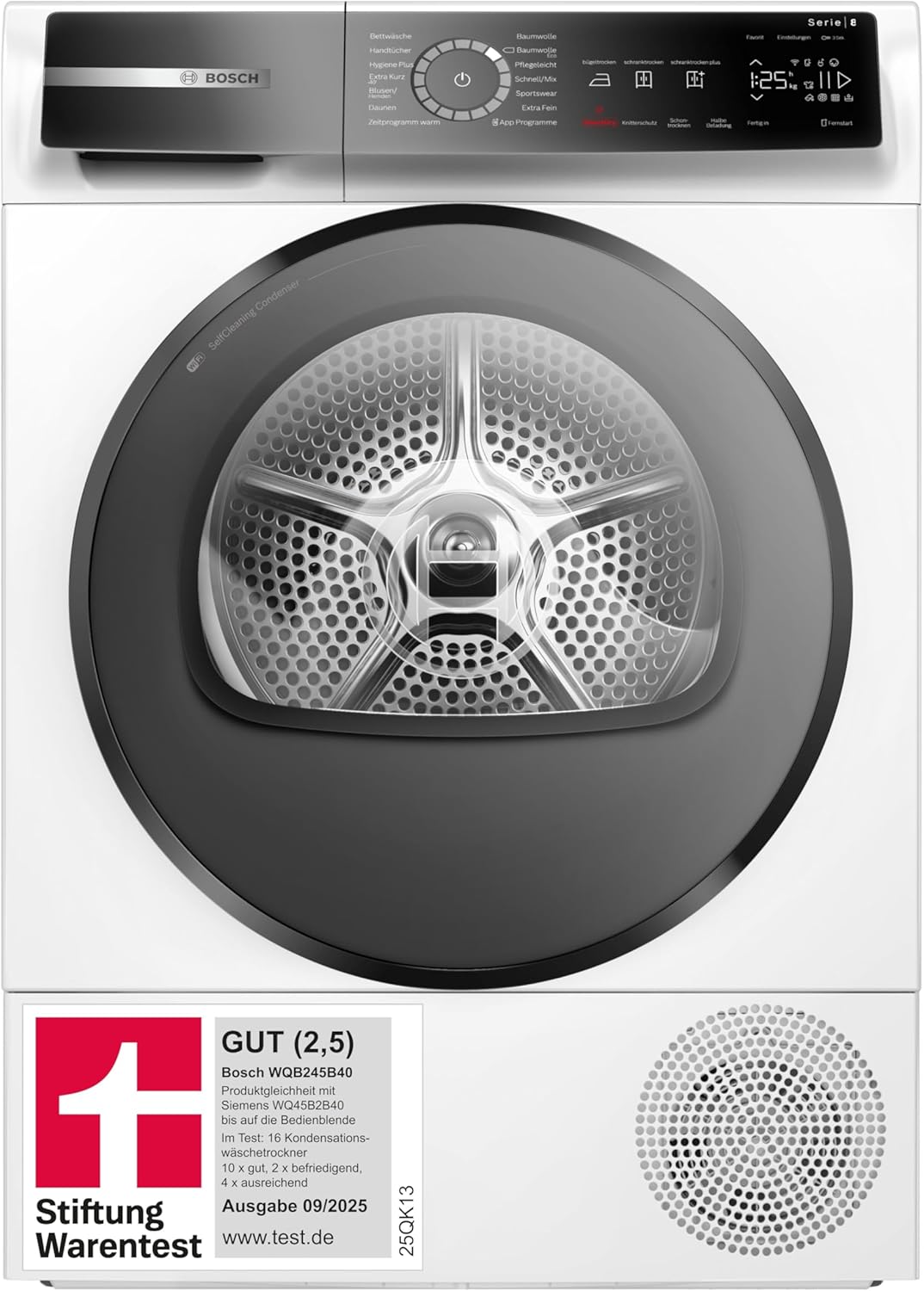 Bosch WQB245B40, Stiftung Warentest GUT (2,5)*, Serie 8 Smarter Wärmepumpentrockner 9 kg, AutoDry Sensorgesteuerte Trocknung, SmartDry Programmautomatik, LED-Display, Selbstreinigender Kondensator