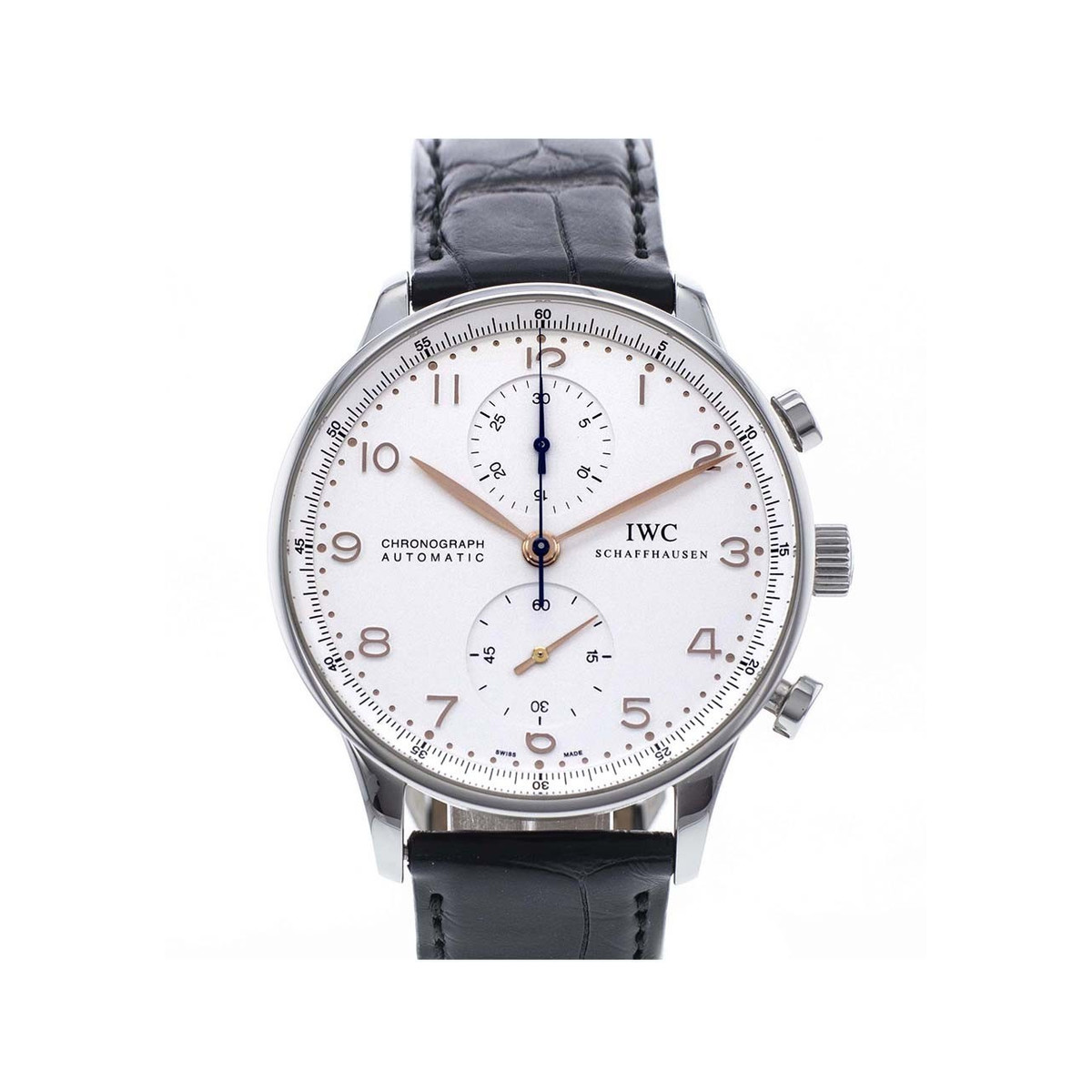 Montre d'occasion IWC Portugaise homme chronographe automatique acier bracelet cuir