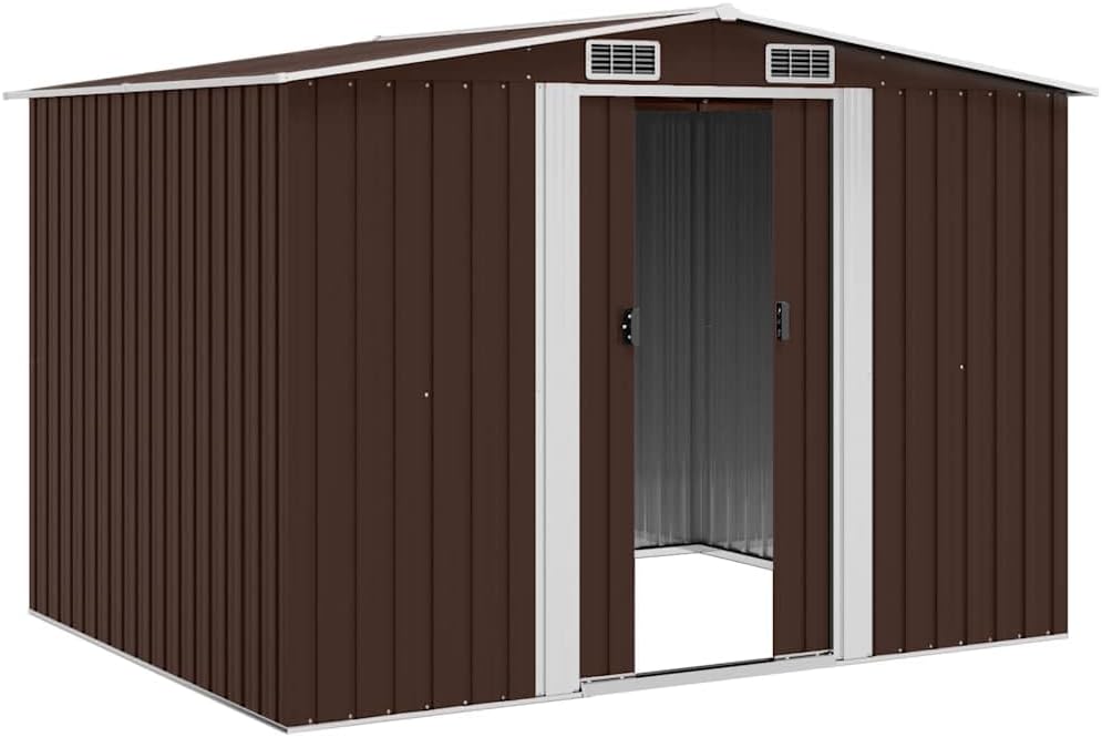 vidaXL Geräteschuppen mit 4 Entlüftungsöffnungen Schiebetür Gerätehaus Gartenhaus Schuppen Gartenschuppen Braun 257x205x178cm Stahl