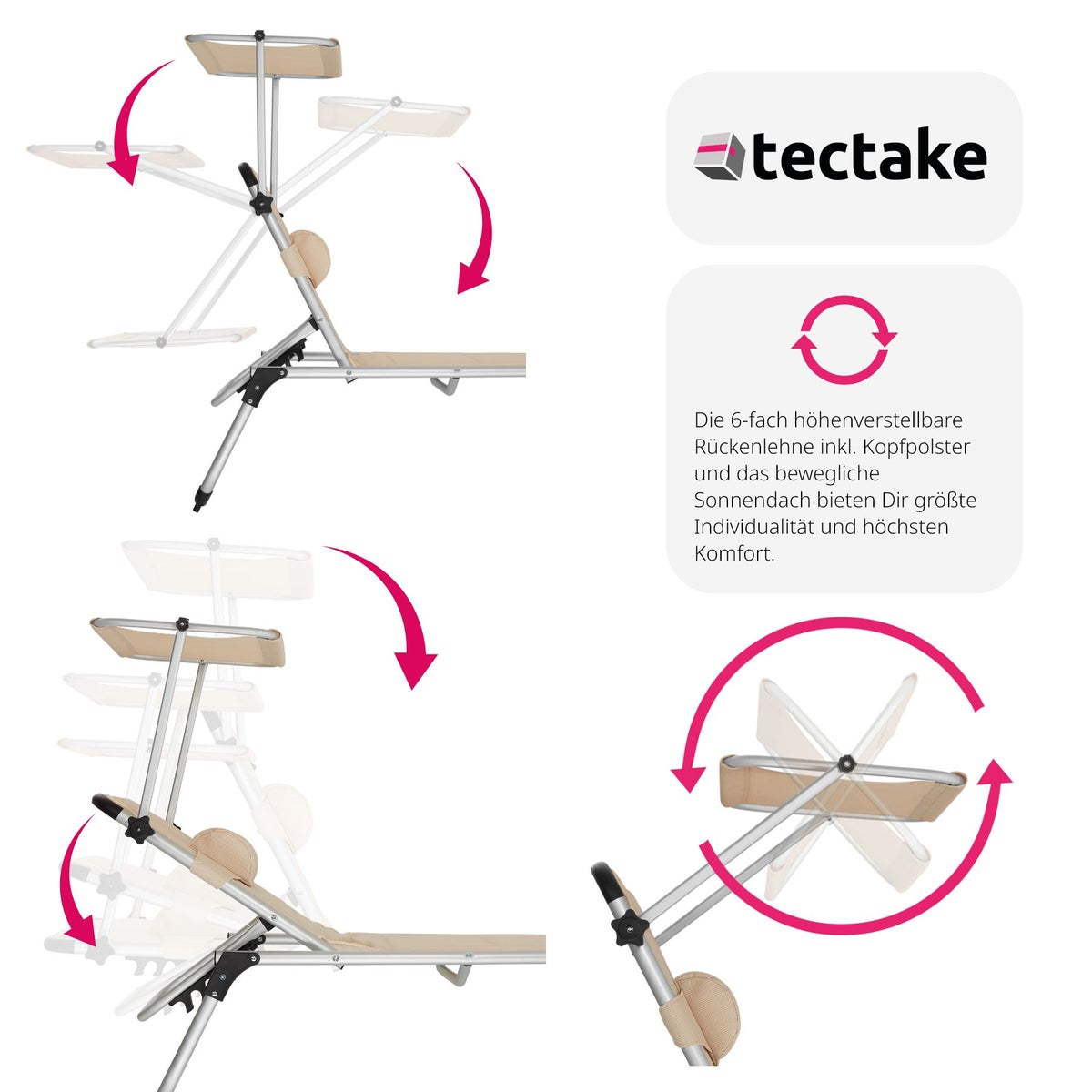 tectake Lorella gestoffeerde ligstoel, opvouwbaar, 217 x 60,5 x 72 cm