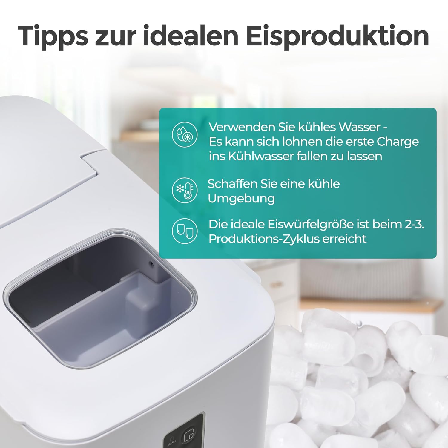 KLAMER Eiswürfelmaschine klein (2025), 8 Eiswürfel in 8 Minuten, 11 kg Eiswürfel pro Tag, 2 Eiswürfelgrößen, 1 L Wassertank, Geräuscharmer Eiswürfelbereiter mit Eisschaufel und Tragegriff