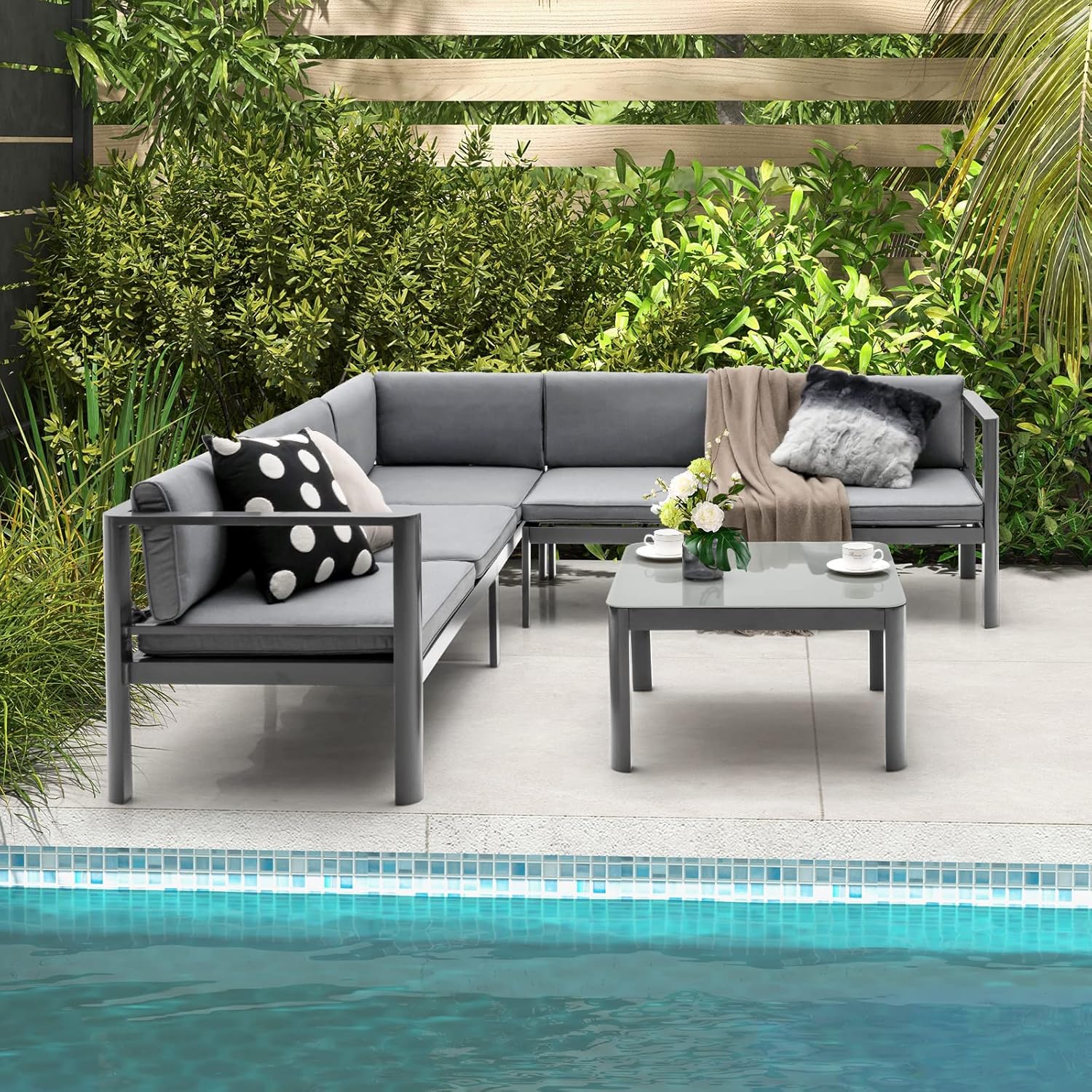 KOMFOTTEU Lounge Set für 5-6 Personen, Gartenmöbel Set mit L-förmigem Gartensofa & Kaffeetisch, Terrasse Sitzgruppe aus Aluminium inkl. Sitzkissen, Patio Lounge Gartenloungefür Indoor & Outdoor