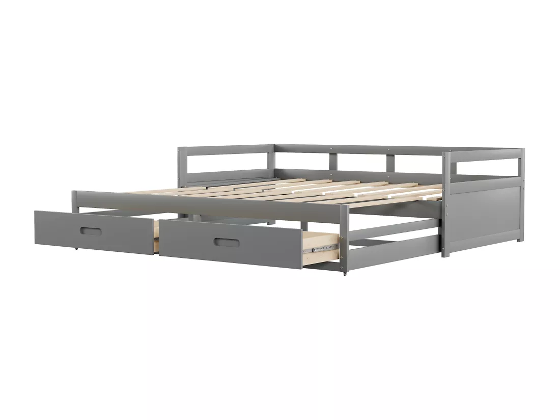 Lit gigogne 90 x 200 cm avec 2 tiroirs - Bois de pin - sommier à lattes - gris