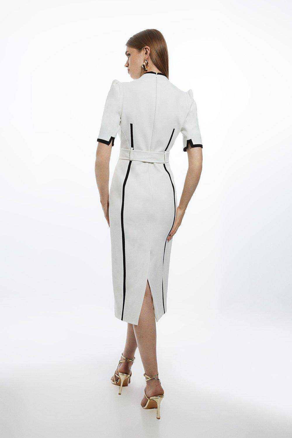 KarenMillen Robe Midi Forever Ajustée Ceinturée en Tissu Stretch Compact aux Détails Contrastés
