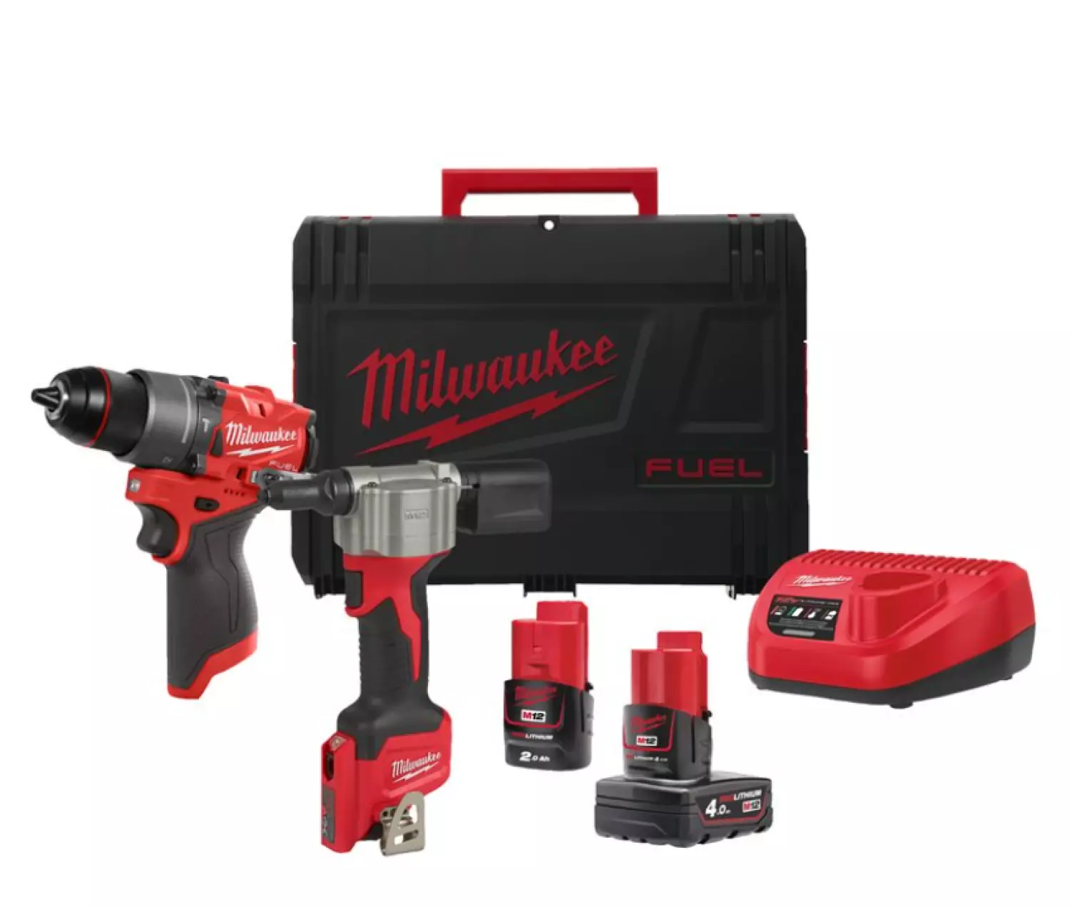 Milwaukee M12 FPP2D2-422X 12V Li-ion accu subcompacte slagboormachine (FPD2-0) en subcompacte blindklinknageltang (1x4.0Ah & 1x2.0Ah) in HD Box
