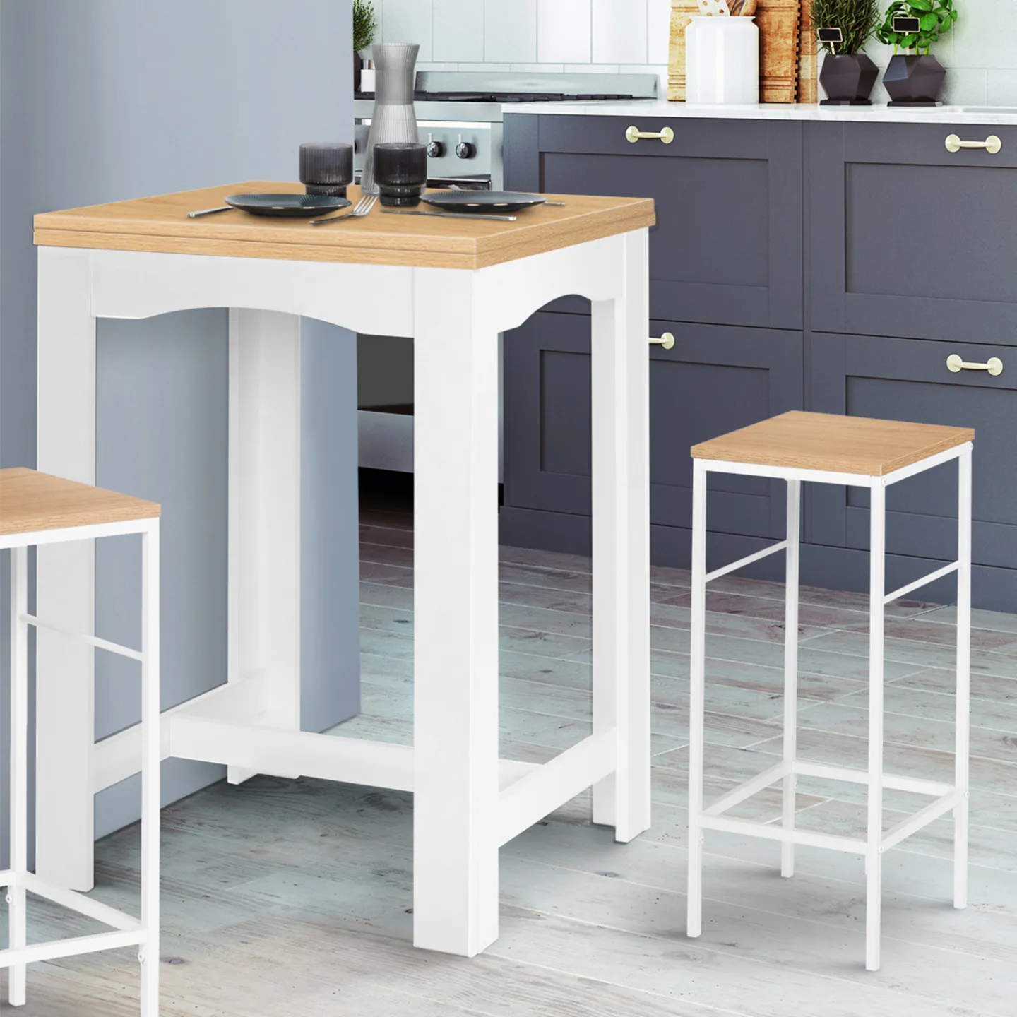 Table haute de bar extensible DONA 2 à 4 personnes blanche plateau façon hêtre 65-130 cm