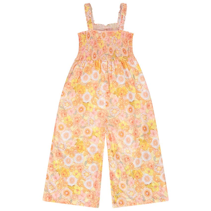 Combinaison longue à smocks imprimé fleurs retro pour fille - Jaune