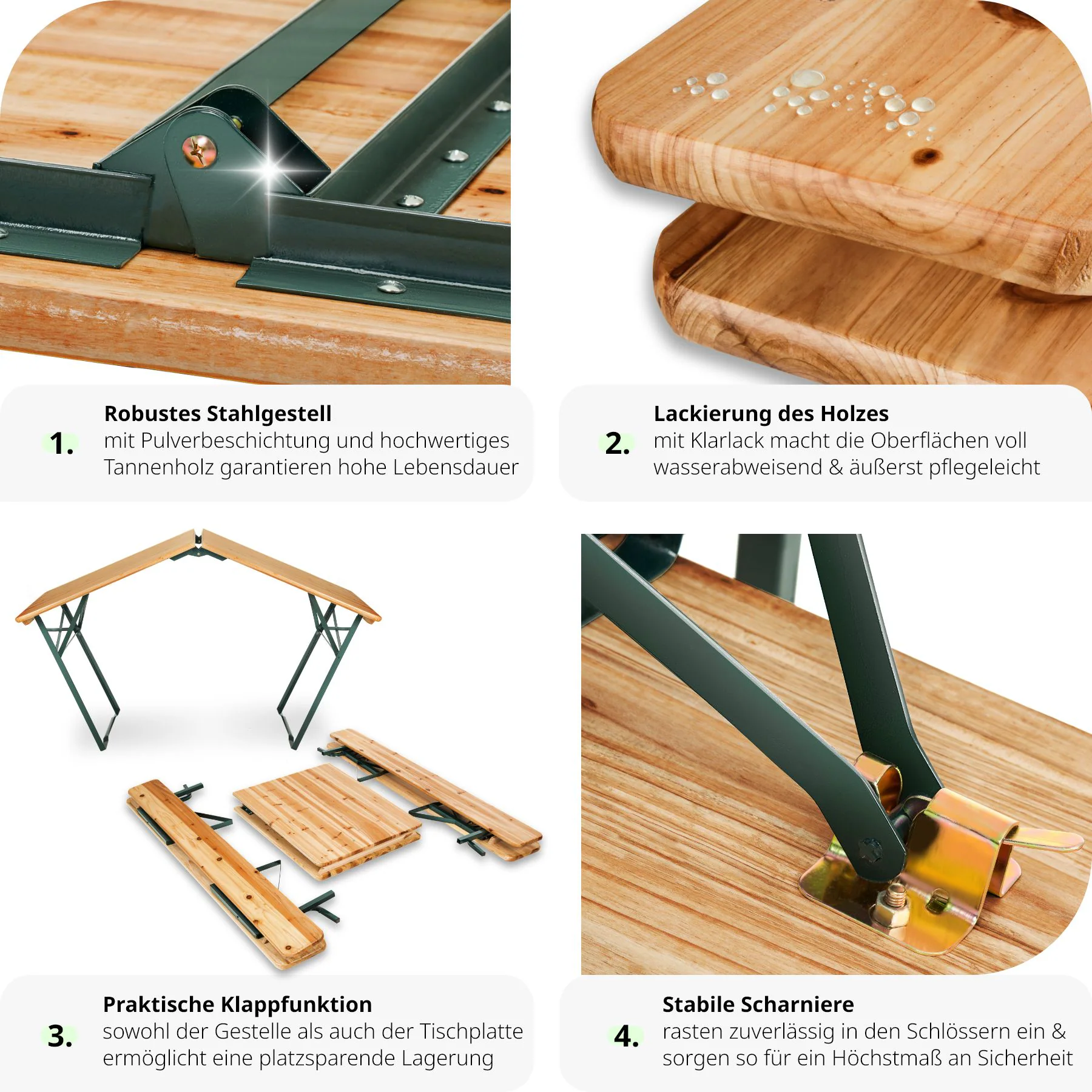 tectake® Bierzeltgarnitur, 3-teilig, belastbar, Holzlackierung mit Klarlack