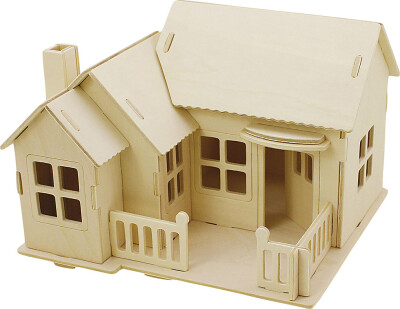 3D Træ Puslespil - Hus Med Terrasse - 19X17,5X15 CM