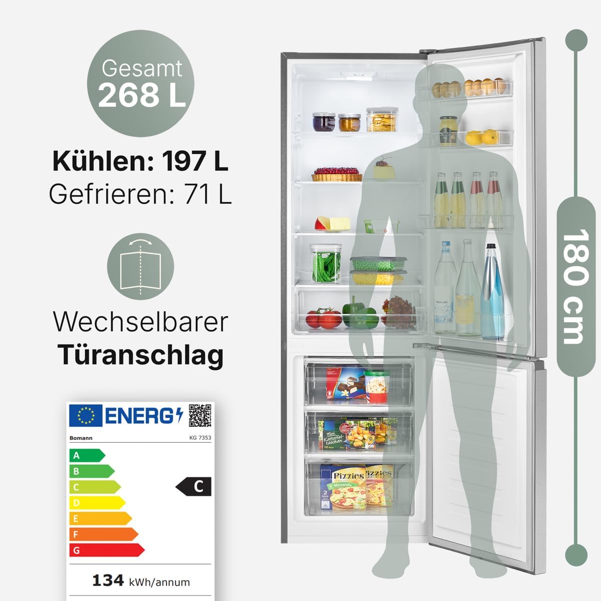 Bomann® Kühlschrank mit Gefrierfach | Energieklasse C | 180cm | Kühl Gefrierkombination leise 36 dB | 4 Ablagen & 3 Schubladen | Türanschlag wechselbar | 268L Kühlgefrierkombi | KG 7353 inox