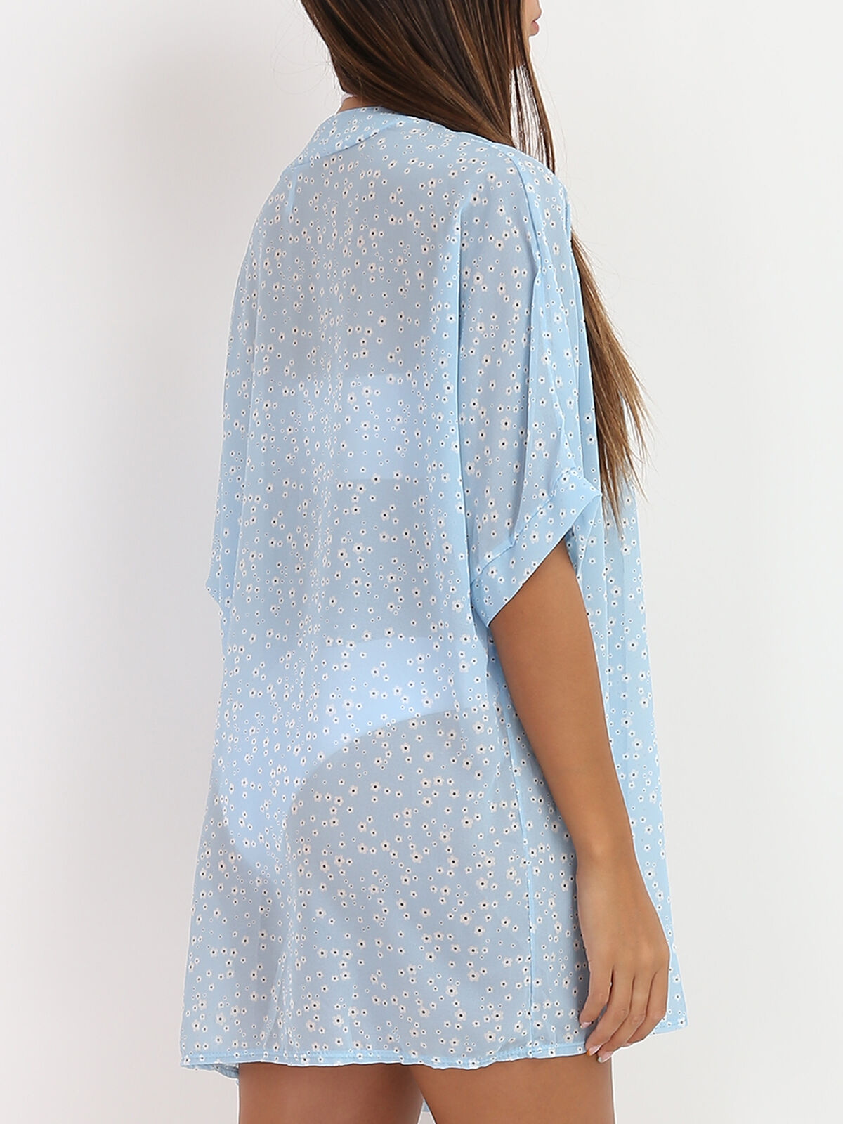 Kimono fluide à imprimé fleurs- Bleu clair