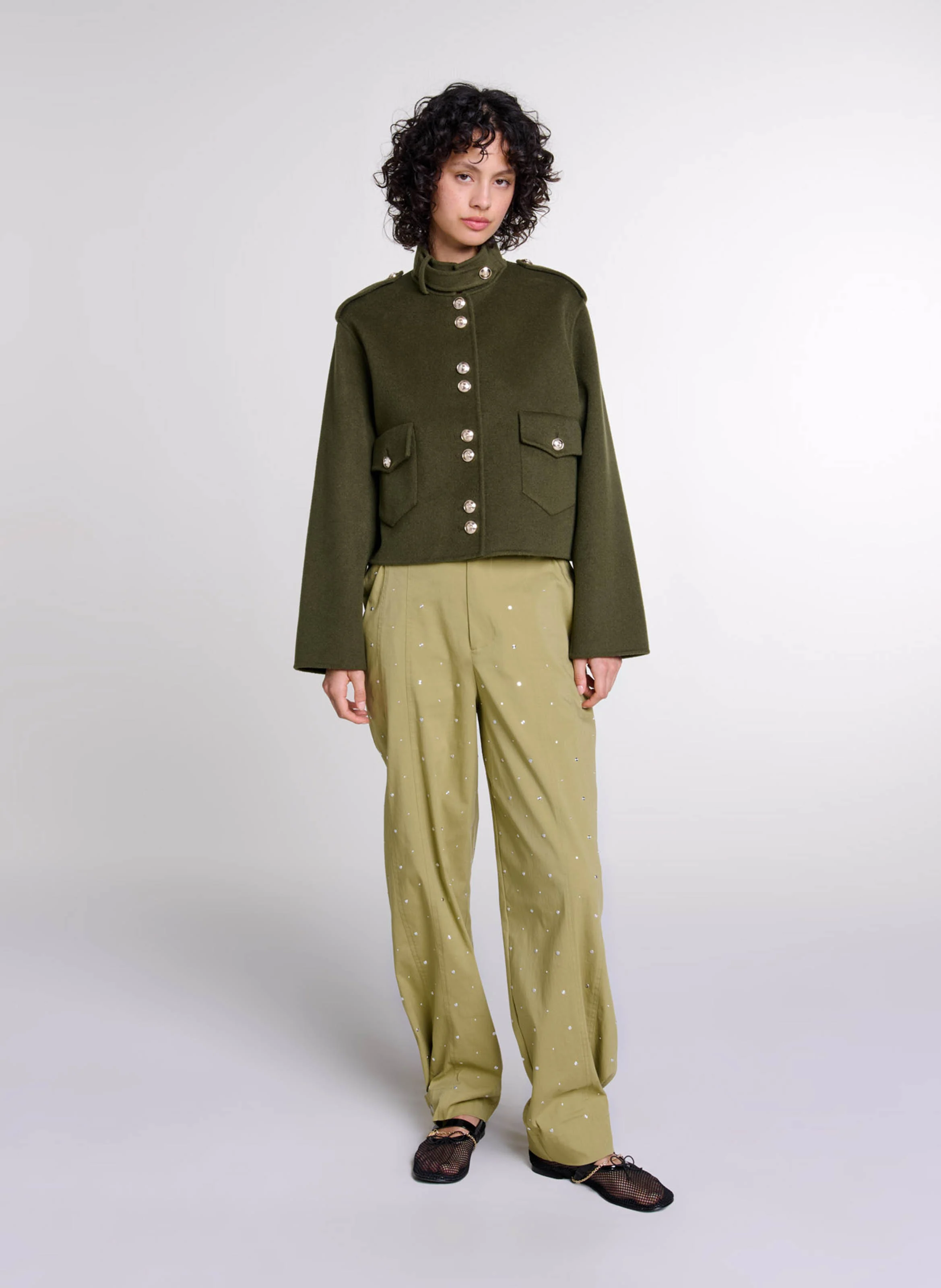 Veste courte col officier en laine feutré | Kaki