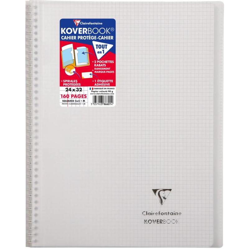 Cahier reliure intégrale enveloppante Koverbook 24x32cm 160 pages petits carreaux couverture polypropylène transparent - Assortis