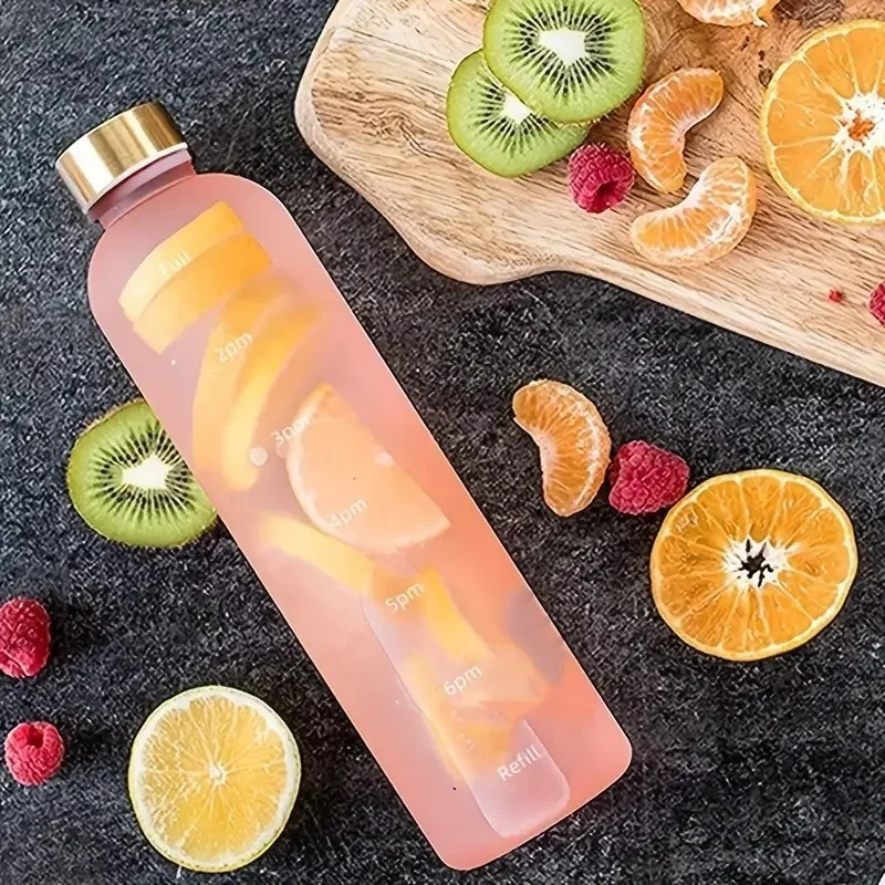 (1L) Tritan Trinkflasche Wasserflasche Auslaufsichere Flasche mit Zeitmarkierung für Schule / Büro / Sport - Schwarz