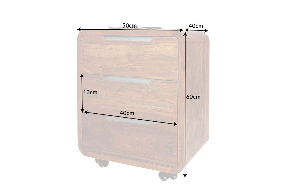 Massiver Rollcontainer CUBUS 60cm braun Sheeshamholz stone finish drei Schubladen