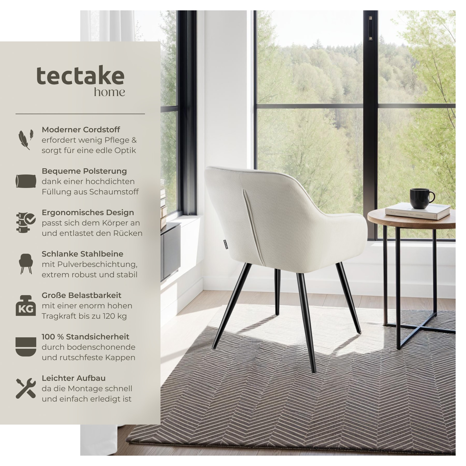 tectake® Esszimmerstuhl, gepolstert, in Cordoptik, robuste Stahlbeine, 58 x 62 x 82 cm