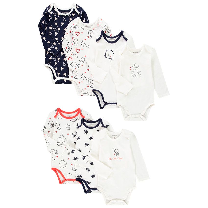 Lot de 7 bodies manches longues en coton bio print oiseau pour bébé fille - Ecru