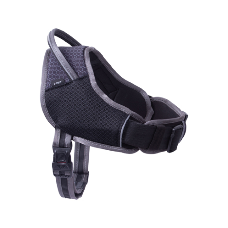 Coleira ergonômica Rogz Airtech para cães, preta e cinza.