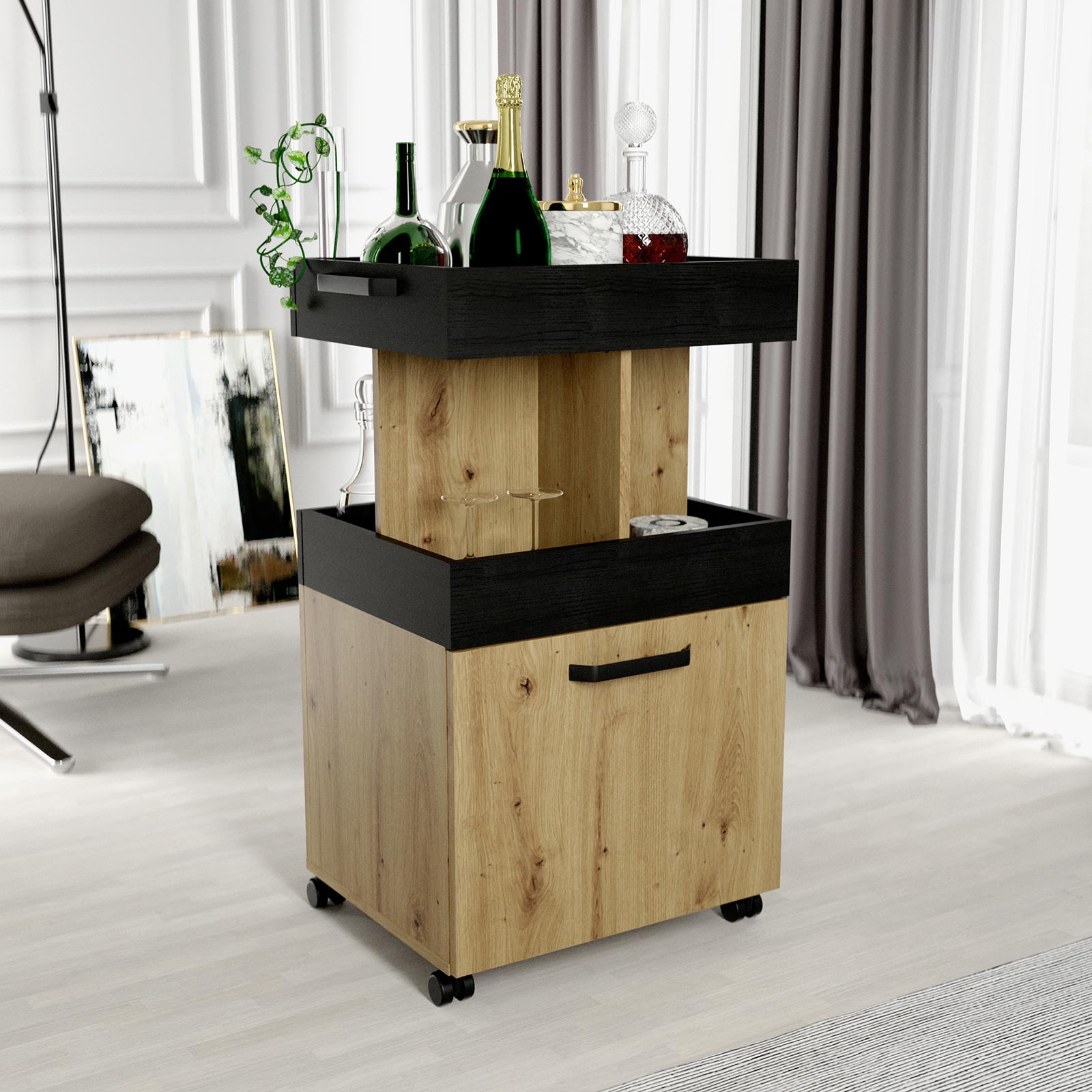 Hausbar - Artisan Eiche - Schwarzeiche - auf Rollen