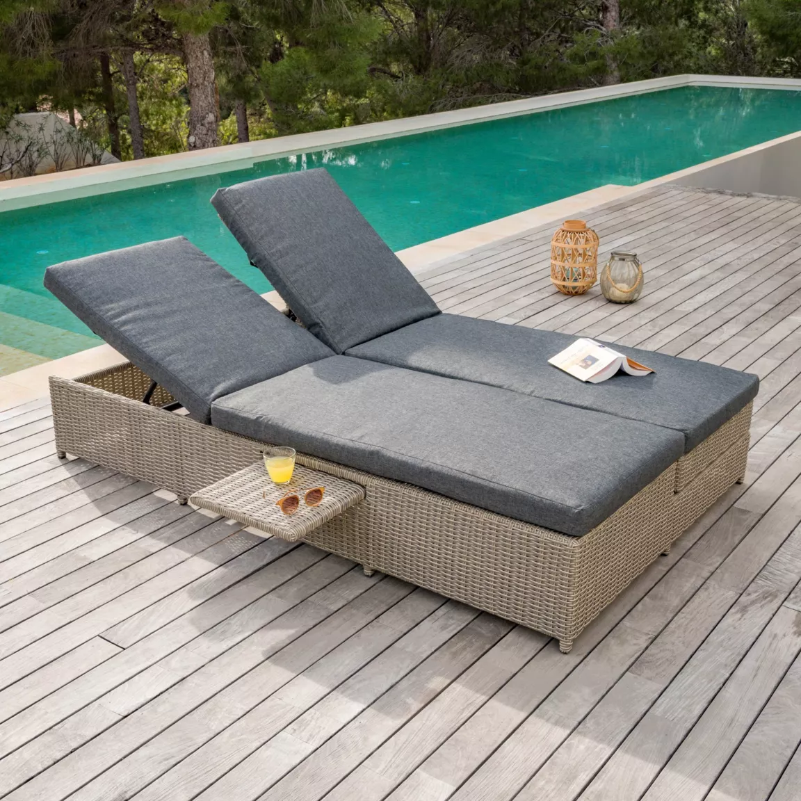 Transat double en résine tressée - Canapé de jardin Calvi Gris et gris foncé