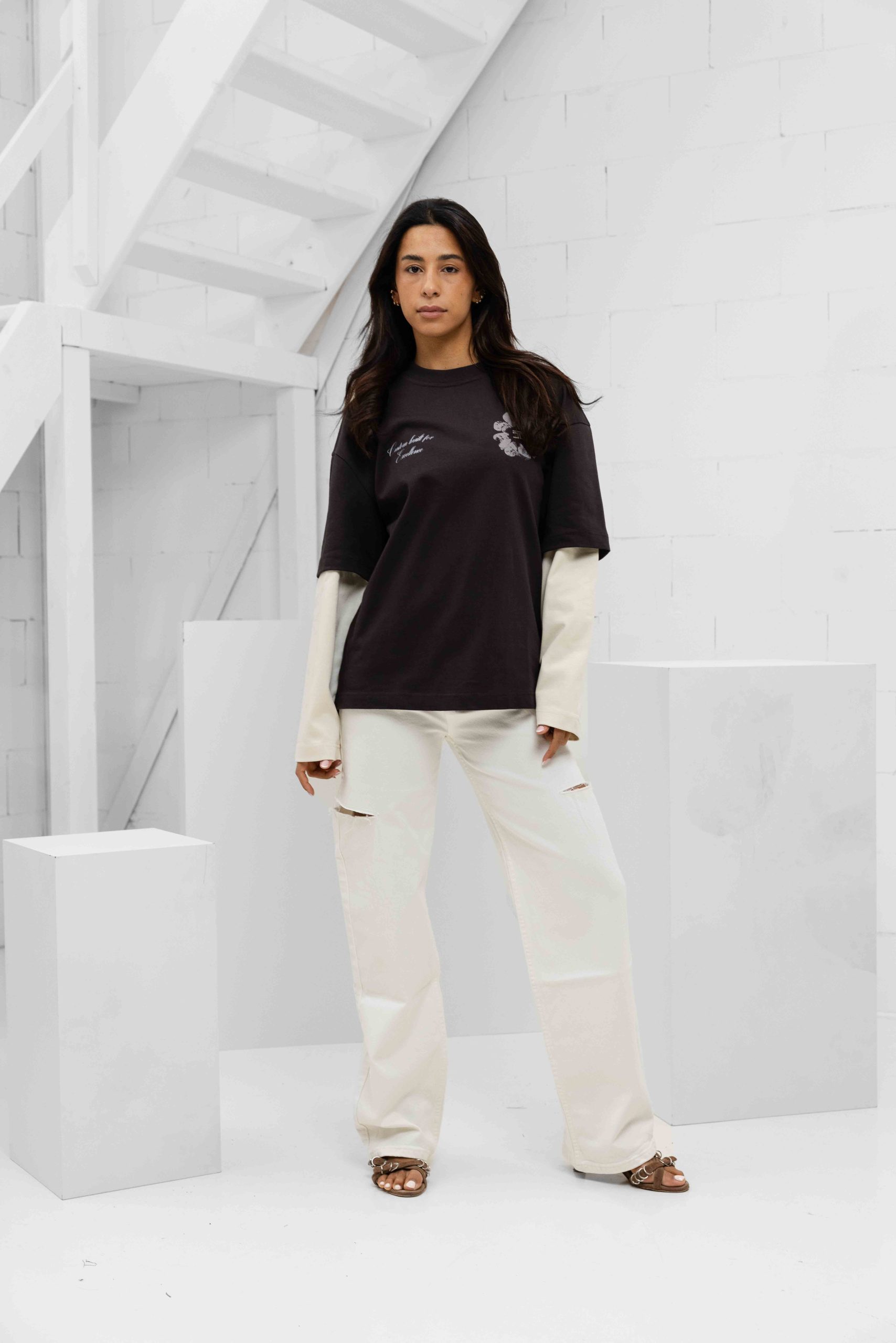 Jorcustom Flowers Double Layered Longsleeve T-Shirt Dames Bruin/Beige