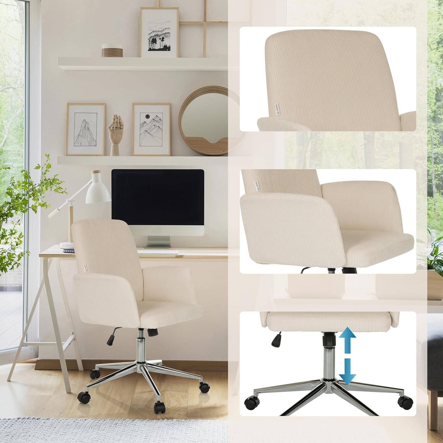 hjh OFFICE Homeoffice Stuhl gepolstert mit Cord-Optik SOLAO Cord Schreibtischstuhl Drehstuhl mit Rollen höhenverstellbar, Beige