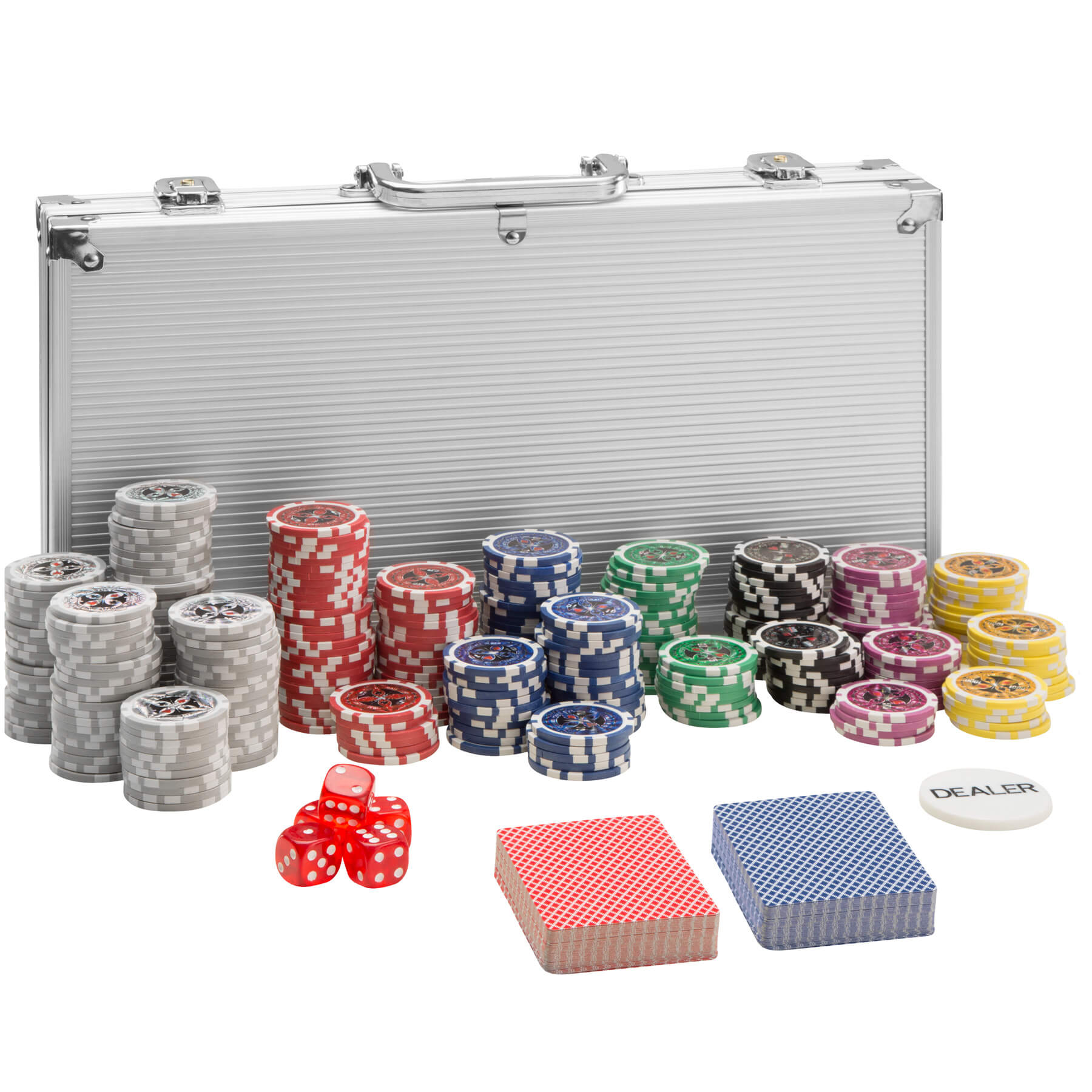 tectake® Pokerset, 300 farbige Chips, 5 Würfel, inklusive verschließbarer Aluminiumkoffer