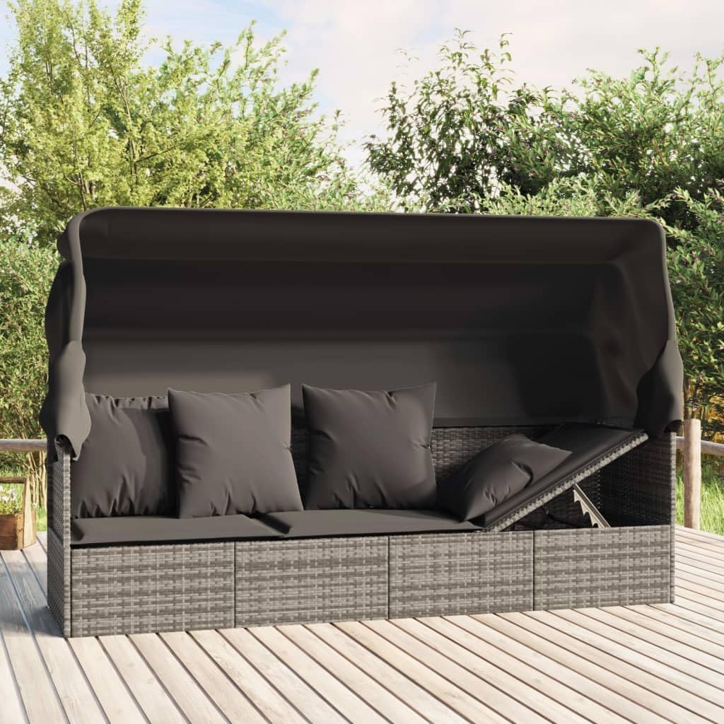 Outdoor Loungebett mit Dach und Kissen Gartensofa Grau Poly Rattan DF4324311