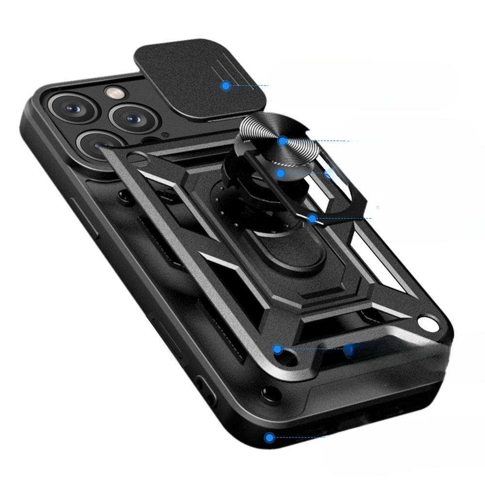 iPhone 17 Hybrid Outdoor Hardcase Hülle mit Cam-Slider   Magnetischer Kickstand - Schwarz