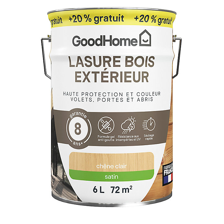 Lasure extérieure GoodHome chêne clair satin 8 ans 5L + 20% gratuit