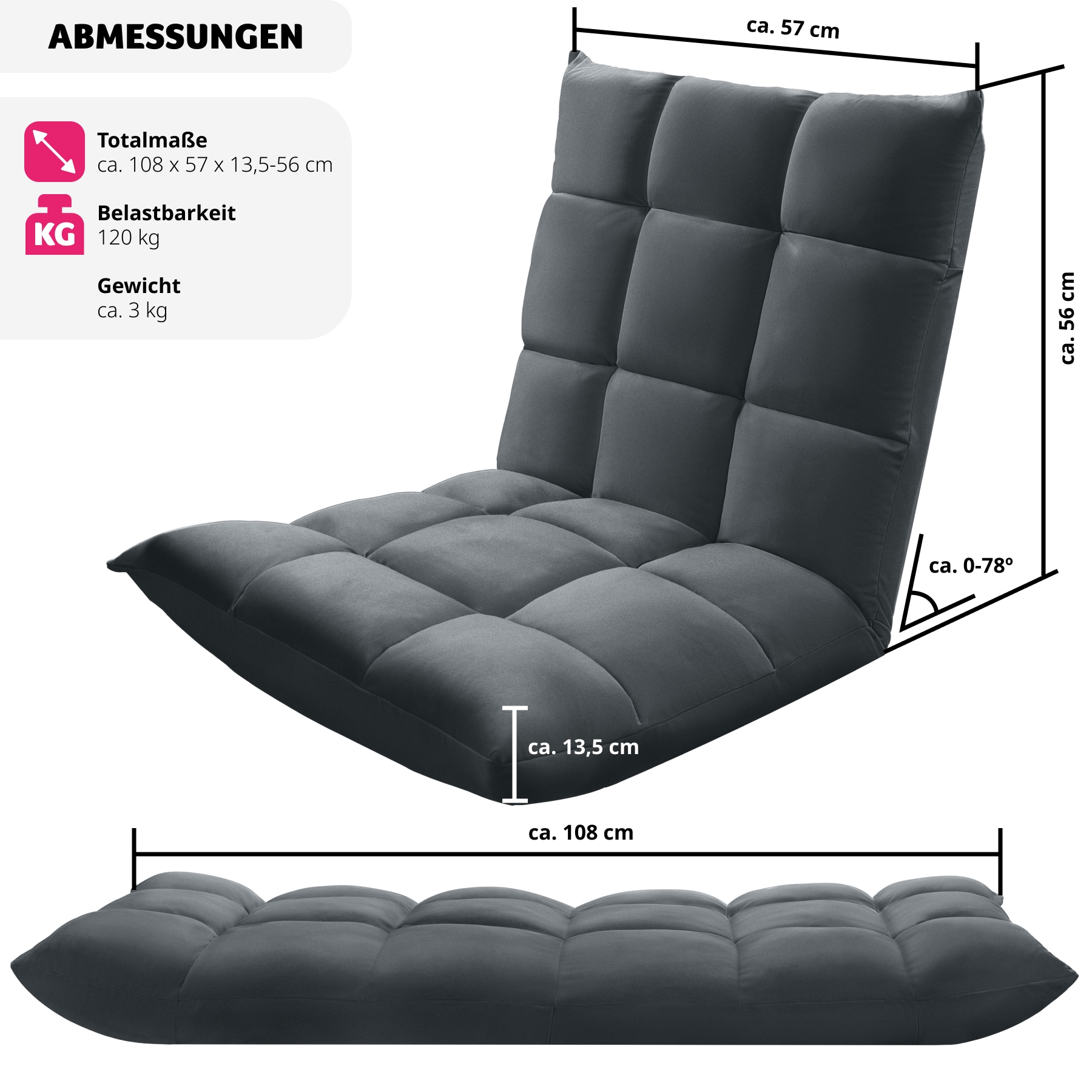 tectake® Relaxsessel , 2 in 1 als Sessel oder Liege, gepolstert, mit Samtbezug, stabiles Stahlgestell, 108 x 57 x 13,5 cm