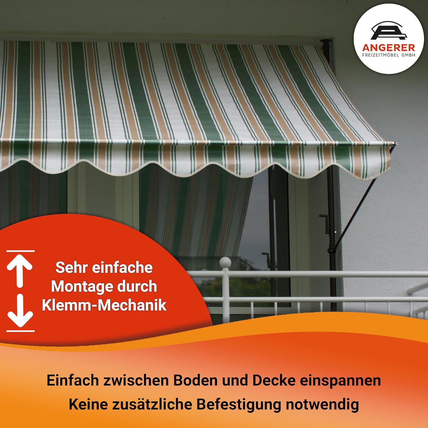 Angerer Klemmmarkise Standard mit Handkurbel, Terrasse/Balkon, einfache Montage ohne Bohren, Made in Germany, Kunststoff-Bezug, UV-beständig, höhenverstellbar, wasserabweisend, 350 cm Orange