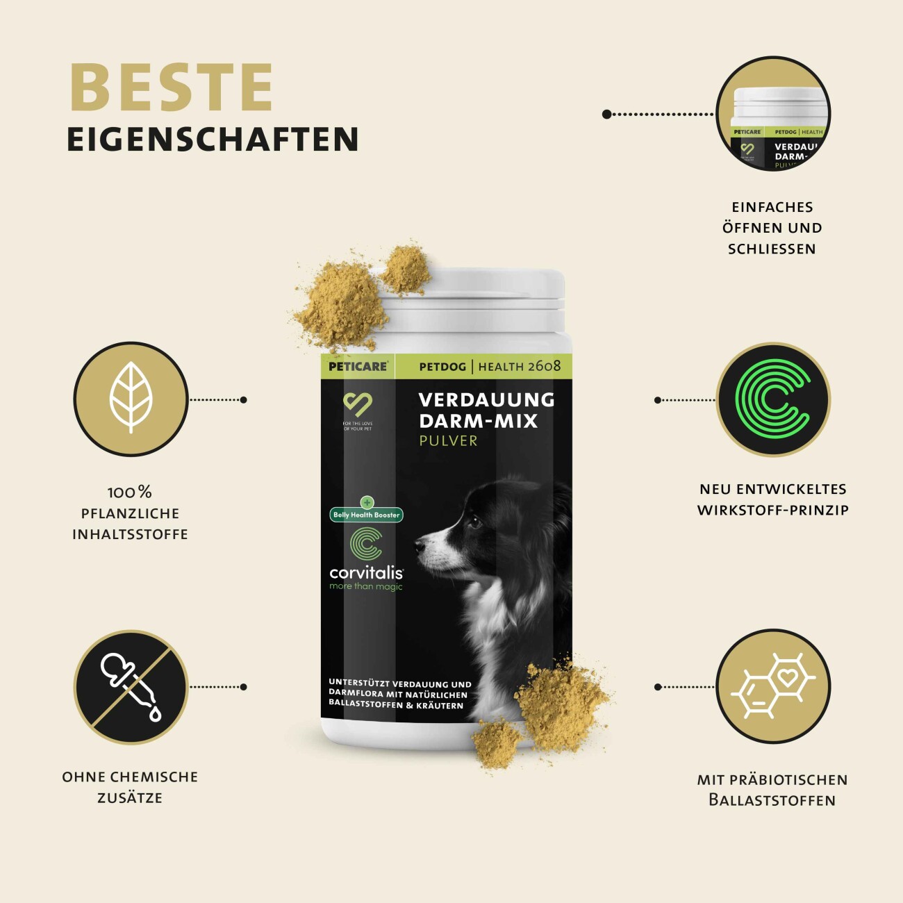 Peticare Ergänzungsfutter Verdauung & Darm-Mix Pulver Hunde 125g