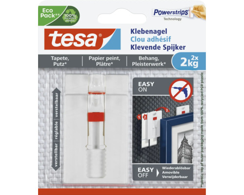 tesa lijmspijker voor behang & pleisterwerk, verstelbaar, wit, draagvermogen 2 kg, 2 stuks.