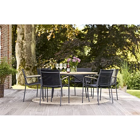 Kerteminde teak bord Ø150 cm, antracit stel med 6 Mood stole