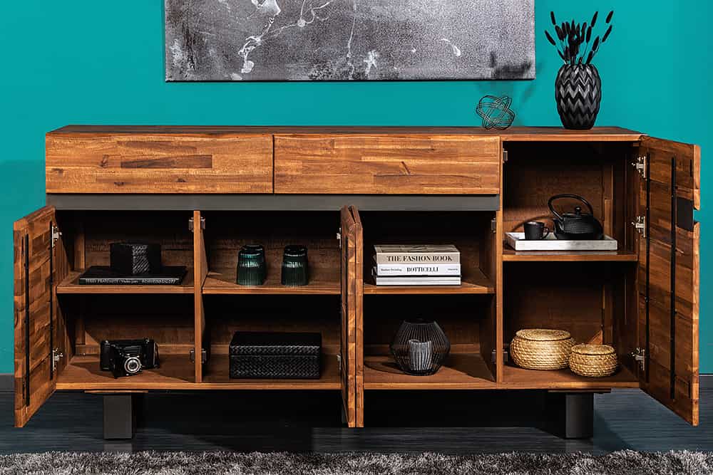 Massives Sideboard GENESIS 170cm braun geflammt Akazienholz Metall Industrial Design